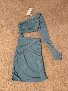 green emerald velvet dress Embellished Cowl-Neck Draped Mini Dress in Emerald Green - 2 main image 1